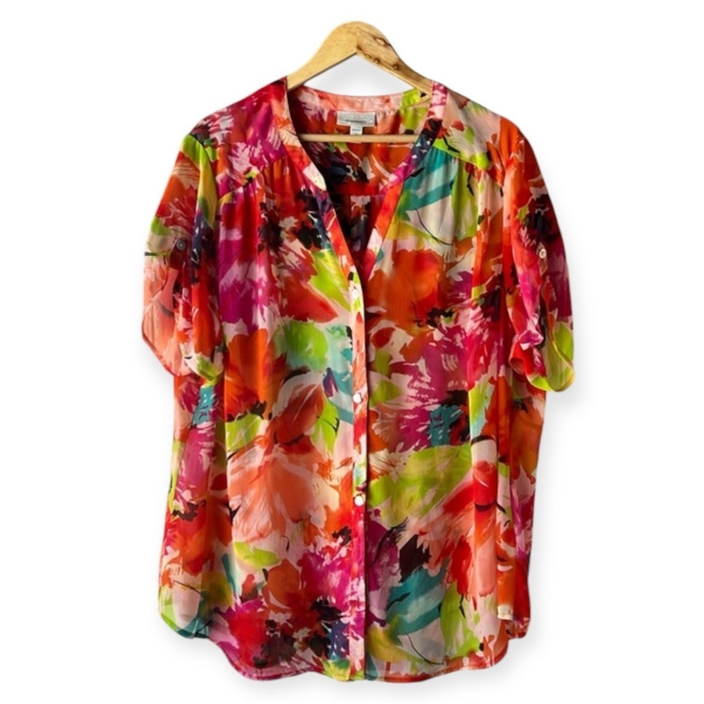 DRESS BARN Multicoloured Tropical Sheer V neck Button Up Top Size 3X